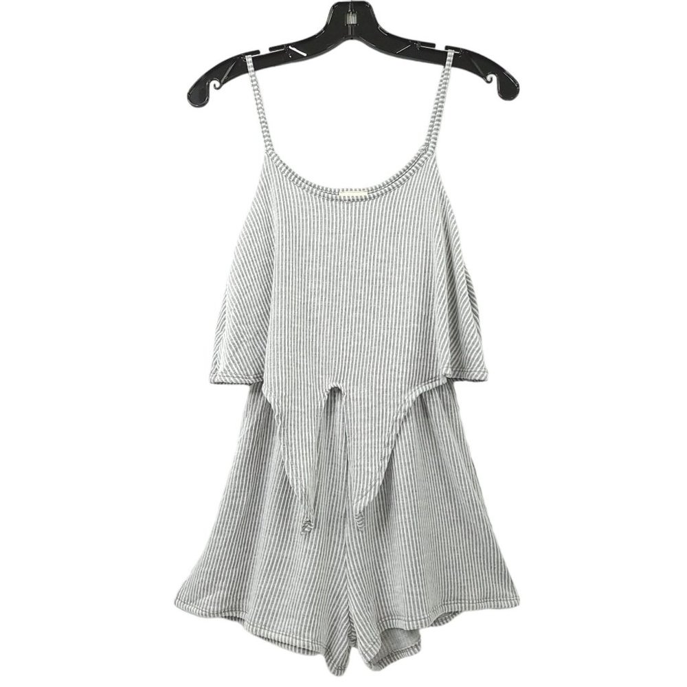 Caution To The Wind Striped Romper M Tie Front Shorts Tank Sleeveless Boho Gray